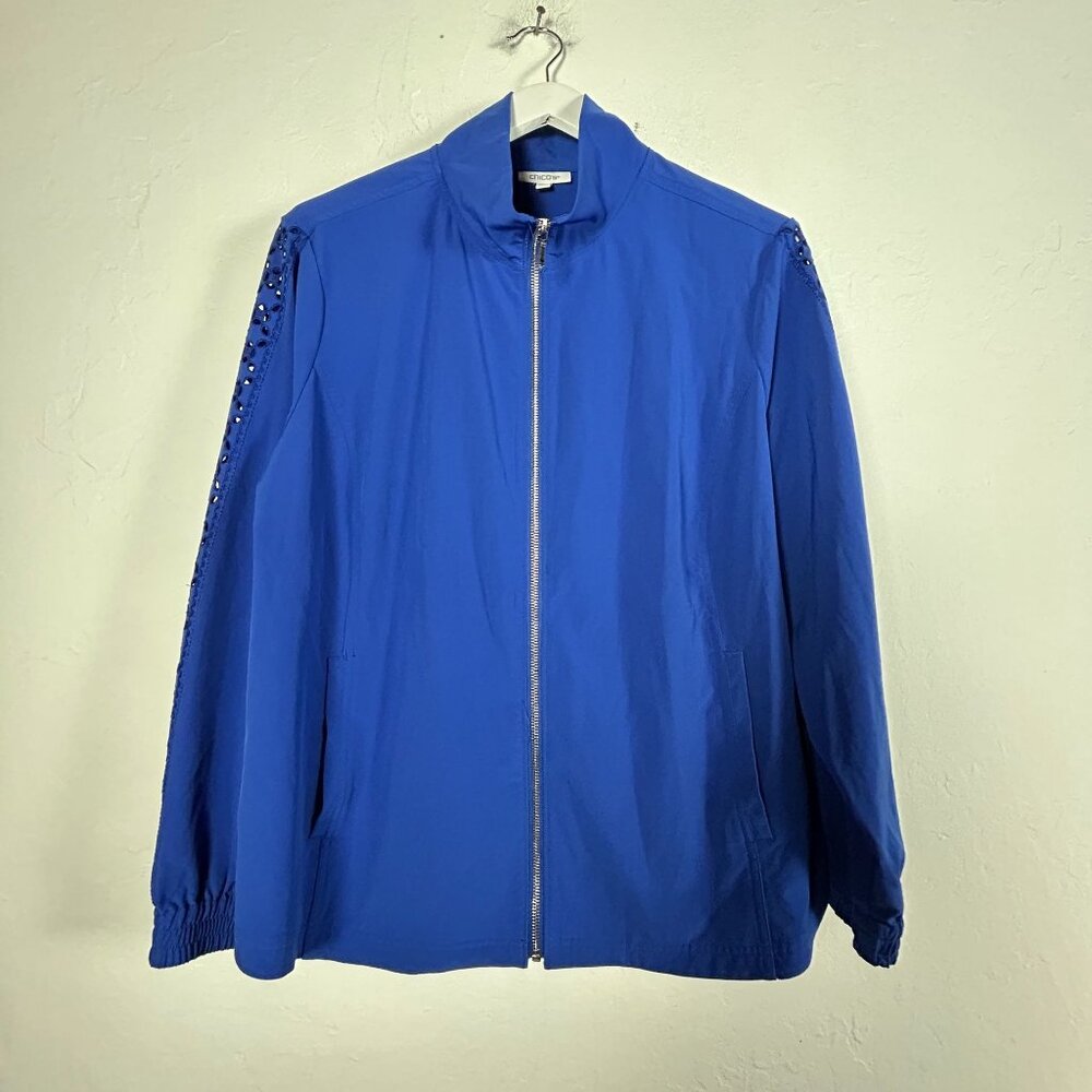 Chico's Neema Cutwork Zip Up Mock Jacket Womens Size 3 US XL Blue Stretch Pocket